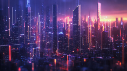 Smart digital Innovation city with connection network reciprocity over the cityscape. of future smart wireless digital city and social media networking systems that connects people with in city