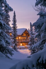 Fototapeta premium Cozy cabin in snowy woods