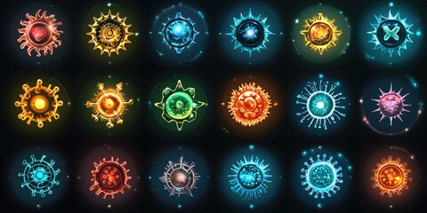 A set of virus icons in various colors and styles, representing different virus types.