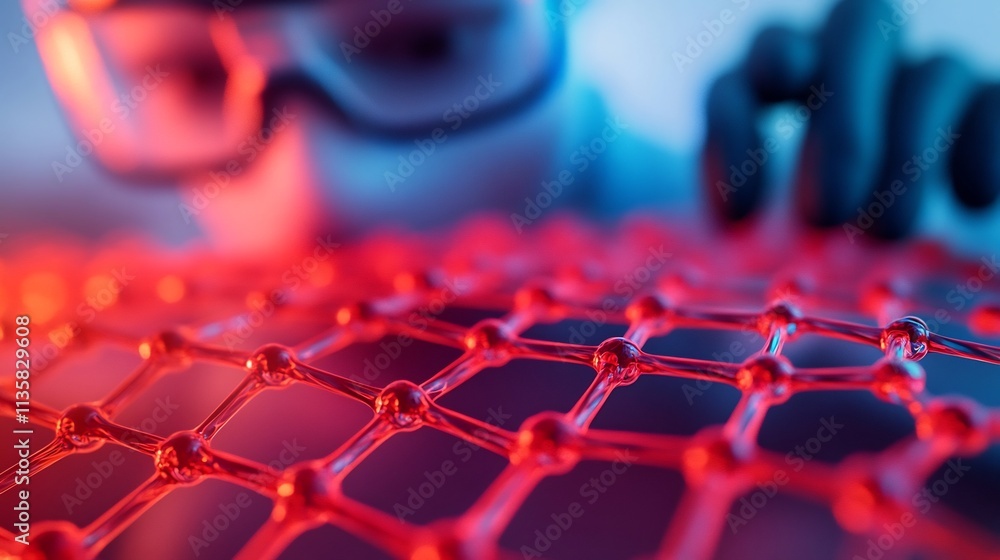 Poster intricate nanomaterials patterns viewed under microscope by researcher