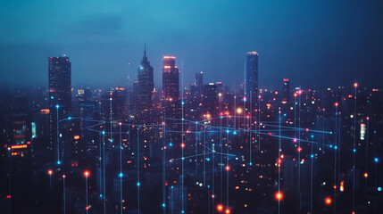 Obraz premium Smart digital Innovation city with connection network reciprocity over the cityscape. of future smart wireless digital city and social media networking systems that connects people with in city