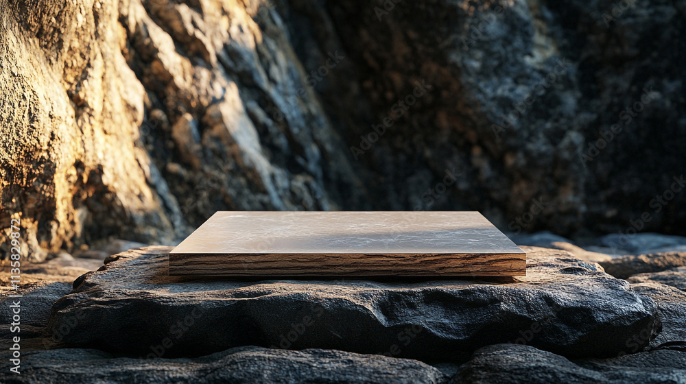 Poster surface resting on rock with natural background and soft lighting in outdoor setting