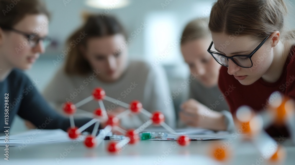 Aufkleber research team discussing nanomaterial applications in medicine with molecular models and papers