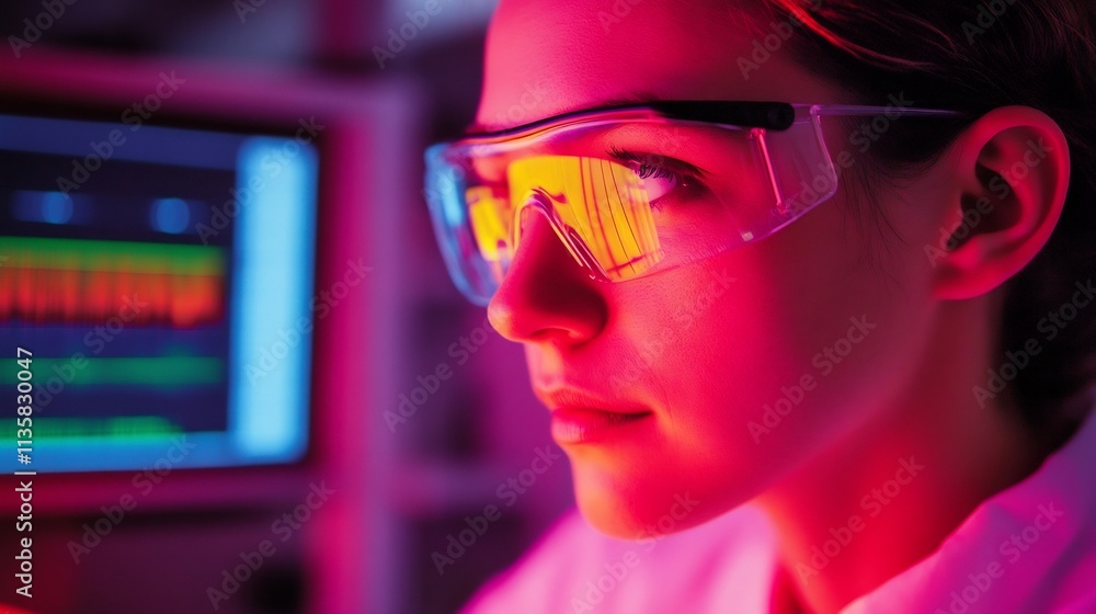 Poster researcher analyzing nanomaterial surface properties in scientific lab with digital readouts
