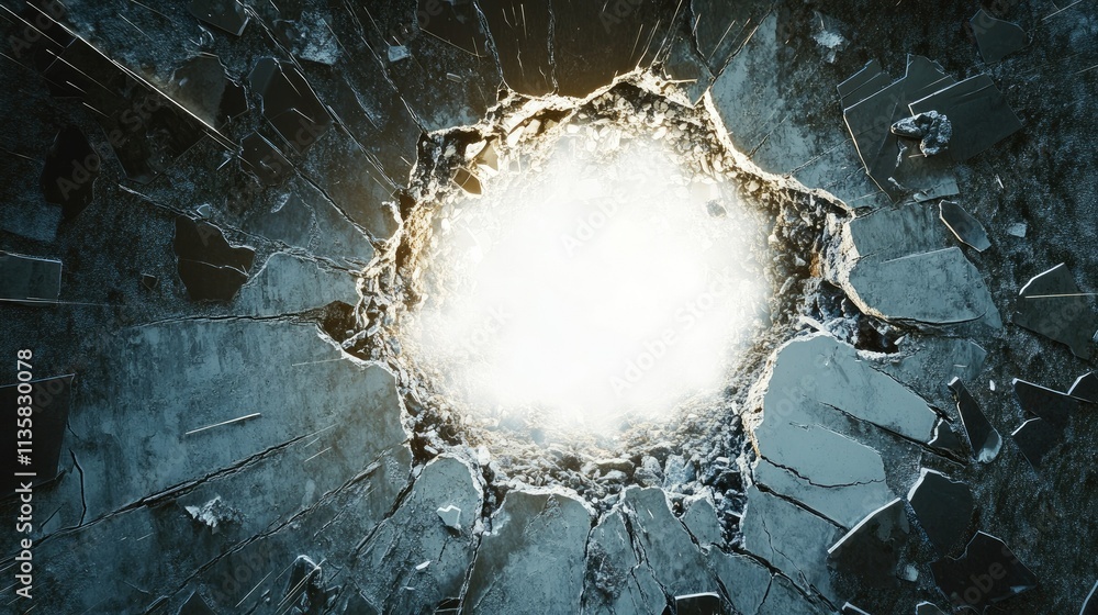 Poster abstract concept of an explosion with cracked surface and bright light emerging from the center crea