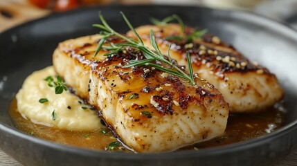 Sea bass in miso marinade served on a creamy milky puree, gourmet dish presentation with delicate textures and elegant plating. Modern cuisine concept with rich flavors and fine dining experience.