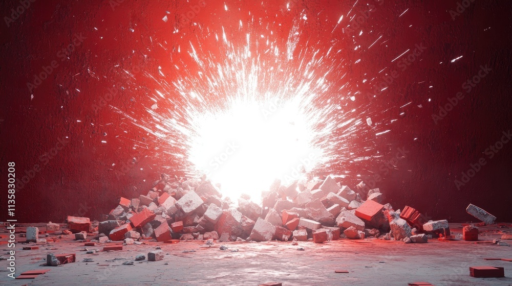 Poster explosive burst of light and debris with red background creating a dynamic and powerful visual impac