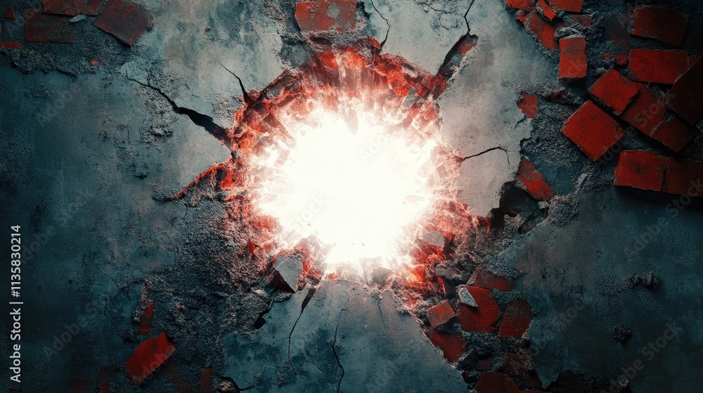 Poster dramatic cracked wall with explosive light emanating from center in a dark atmosphere creating an in