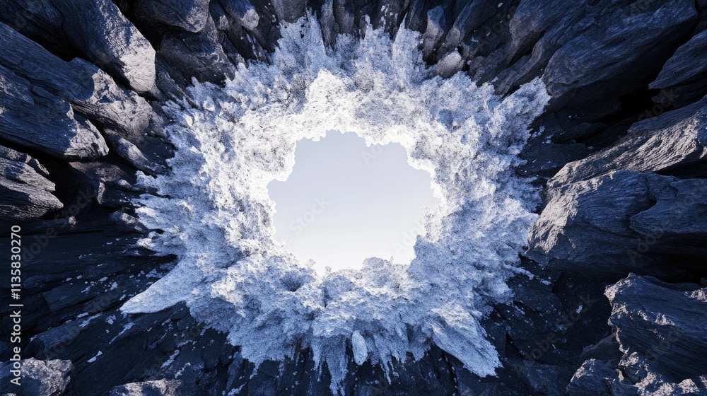 Poster abstract rocky frame with dynamic sharp edges and ice-like texture against a clear sky, creating a u