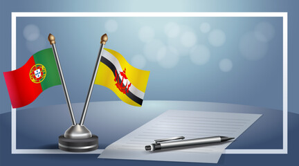 Portugal and Brunei National flags on small table with bokeh background, cooperative relationship