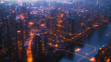 Fototapeta premium Smart digital Innovation city with connection network reciprocity over the cityscape. of future smart wireless digital city and social media networking systems that connects people with in city