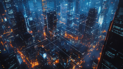 Fototapeta premium Smart digital Innovation city with connection network reciprocity over the cityscape. of future smart wireless digital city and social media networking systems that connects people with in city