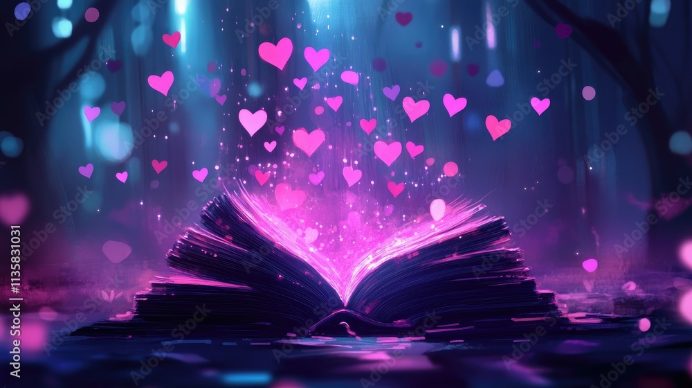 Poster enchanted open book surrounded by floating hearts in a mystical forest with soft glowing lights and 