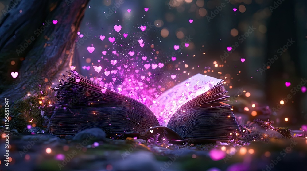 Aufkleber enchanted open book surrounded by sparkling hearts in a mystical forest with dreamy lighting effect 