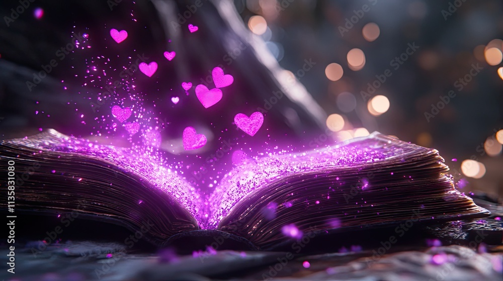Poster enchanted open book with floating pink hearts and magical sparkles in a mystical setting, capturing 