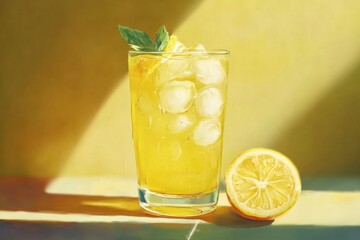 Fototapeta premium Refreshing Iced Lemonade Drink With Lemon And Mint