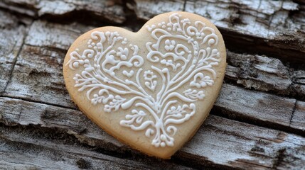 Obraz premium Heart-shaped Valentine cookie with intricate lace icing design rests on a rustic wooden surface