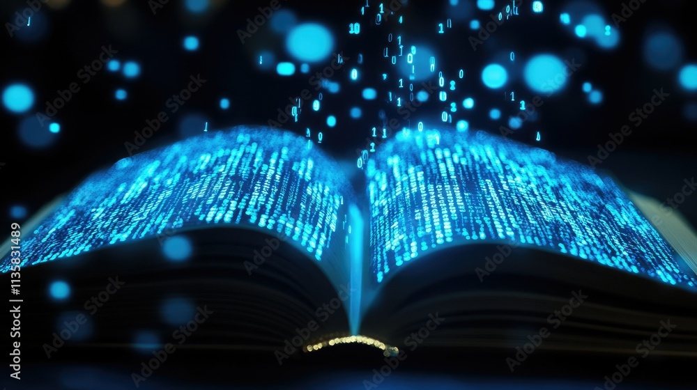 Poster enchanted open book with flowing digital data particles creating a magical atmosphere of knowledge a