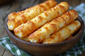 Golden brown cheese sticks in a wooden bowl, a perfect snack or appetizer.