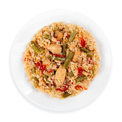 Rice with chicken and green beans, top view, on a white background, isolated.