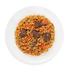 Pilaf, rice with beef and carrots, top view, on a white background, isolated.