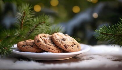 chocolate covered cookies on snow and fir tree branches - christmas background