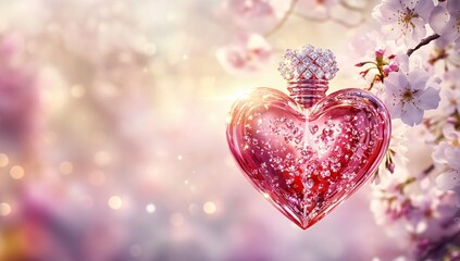 Heart Shaped Perfume Bottle with Diamond Crown, Spring Blossom Background