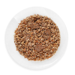 Buckwheat porridge with meat, top view, on a white background, isolated.
