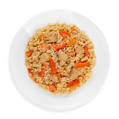 Pilaf, rice with chicken and carrots, top view, on a white background, isolated.