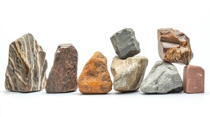 A Diverse Collection of Natural Rocks Displayed in a Balanced Arrangement Reflecting Unique Textures, Colors, and Geological Attributes for Natural History and Education Uses