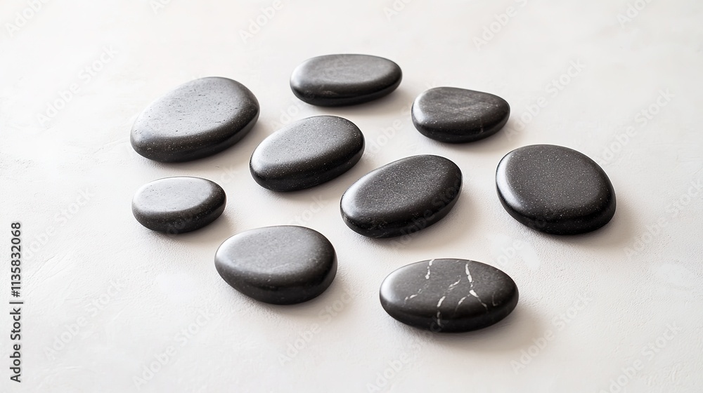 Poster clean flat lay of smooth black spa stones arranged in concentric circles on matte white surface unde