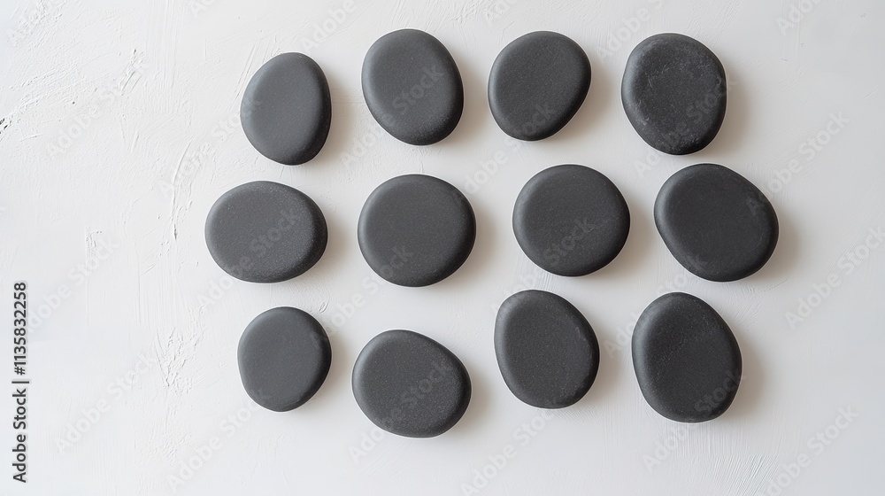 Poster clean flat lay of smooth black spa stones arranged in concentric circles on matte white surface unde