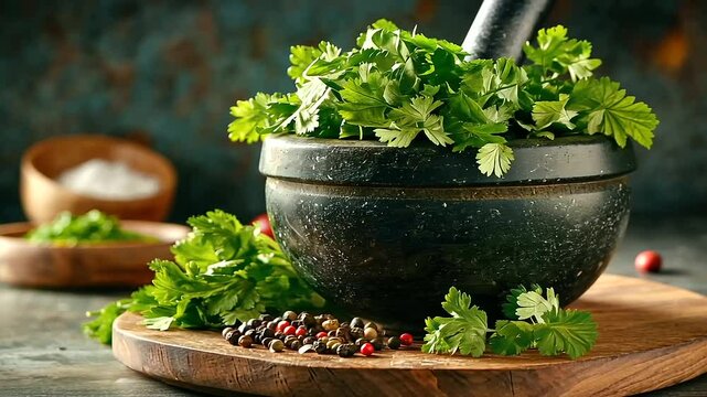 Handcrafted Mortar with Fresh Herbs and Spices for Cooking