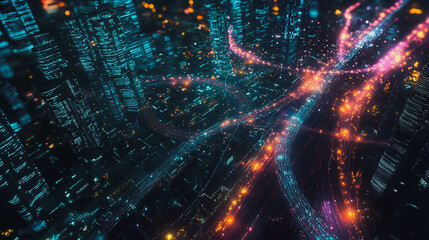 Fototapeta premium Smart digital Innovation city with connection network reciprocity over the cityscape. of future smart wireless digital city and social media networking systems that connects people with in city