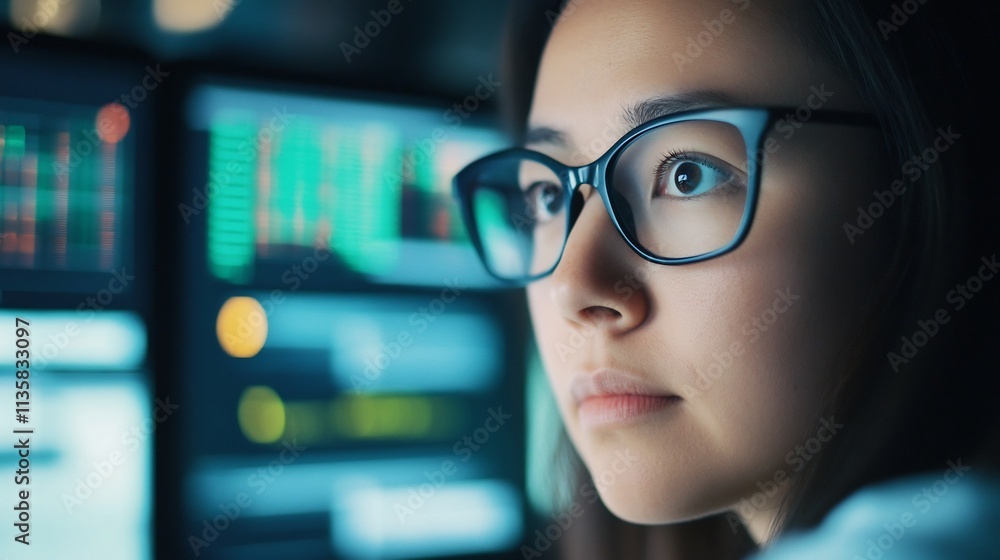 Poster business professional analyzing financial data and growth trends using digital analytics tools