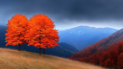 Fototapeta premium Vibrant Autumn Landscape Two Maple Trees on Hilltop Mountain Range Background