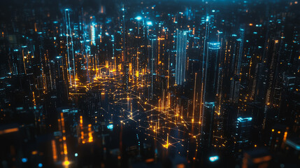 Smart digital Innovation city with connection network reciprocity over the cityscape. of future smart wireless digital city and social media networking systems that connects people with in city