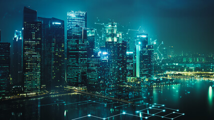 Naklejka premium Smart digital Innovation city with connection network reciprocity over the cityscape. of future smart wireless digital city and social media networking systems that connects people with in city