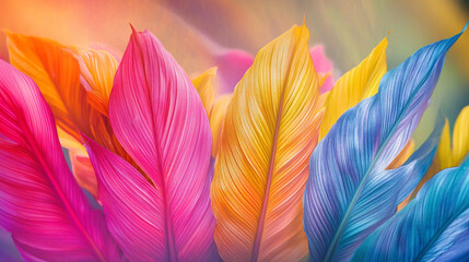 Naklejka premium Vibrant multicolored feathers showcase nature's beauty against a soft background