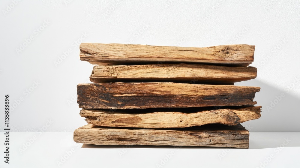 Poster natural rustic wooden planks stacked neatly on a minimalist white surface showcasing unique textures