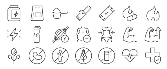 Sport dietary supplements icon set. It included contexts such as dietary supplements, whey, protein, energy,y and more. Editable Vector Stroke.