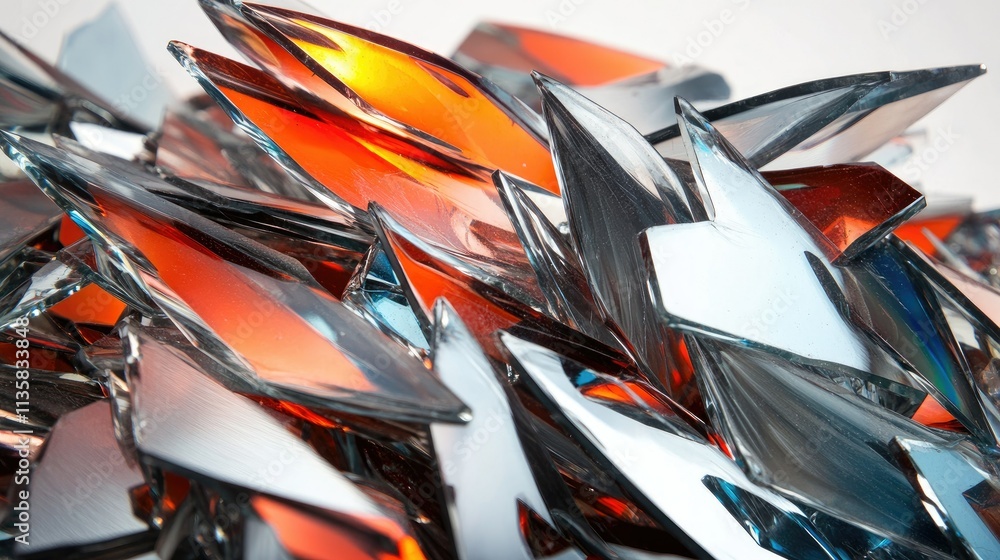 Poster Vibrant Shards of Glass in Red and Silver Layers Creating a Stunning Visual Effect of Reflected Light and Geometric Shapes for Artistic Use