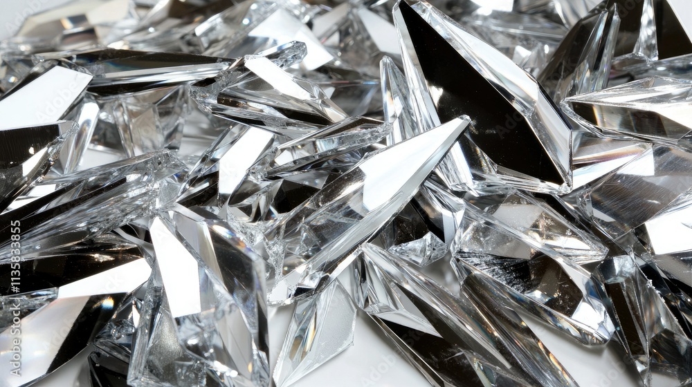 Poster shimmering clear crystal-like pieces piled together with sharp edges and reflections against a soft 