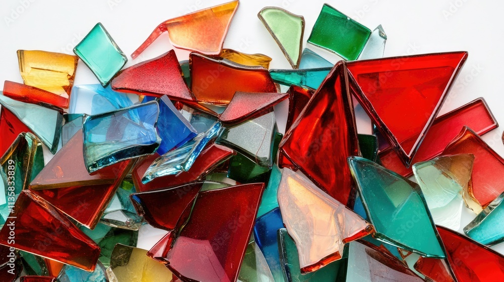 Poster colorful and shimmering fragments of broken glass in various shapes and sizes piled together on a wh