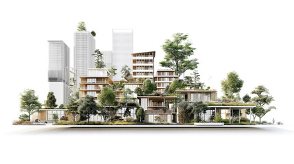Urban landscape showcases a blend of nature and modern architecture, featuring structures and greenery that adapt to climate change and promote sustainability in city living