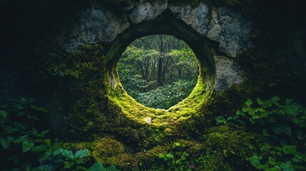 A Serene View Through a Circular Stone Frame into a Lush Green Forest Embraced by Moss and Natural Light in a Peaceful Atmosphere