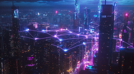 Obraz premium Smart digital Innovation city with connection network reciprocity over the cityscape. of future smart wireless digital city and social media networking systems that connects people with in city