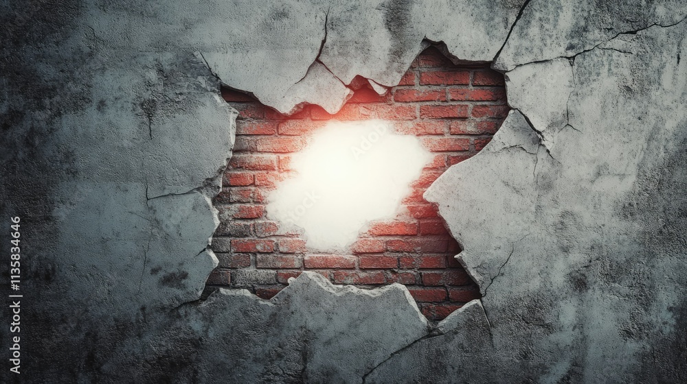 Aufkleber cracked wall with exposed red brick background and soft light emitting from a gap, creating an eye-c