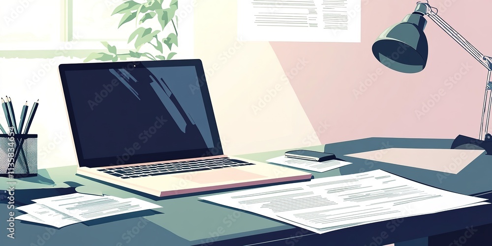 Poster clean professional banner with laptop financial papers and empty workspace perfect for adding your b