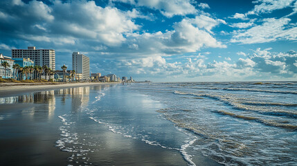 Fototapeta premium Coastal shoreline with reflections under a partly cloudy sky in a vibrant beach city